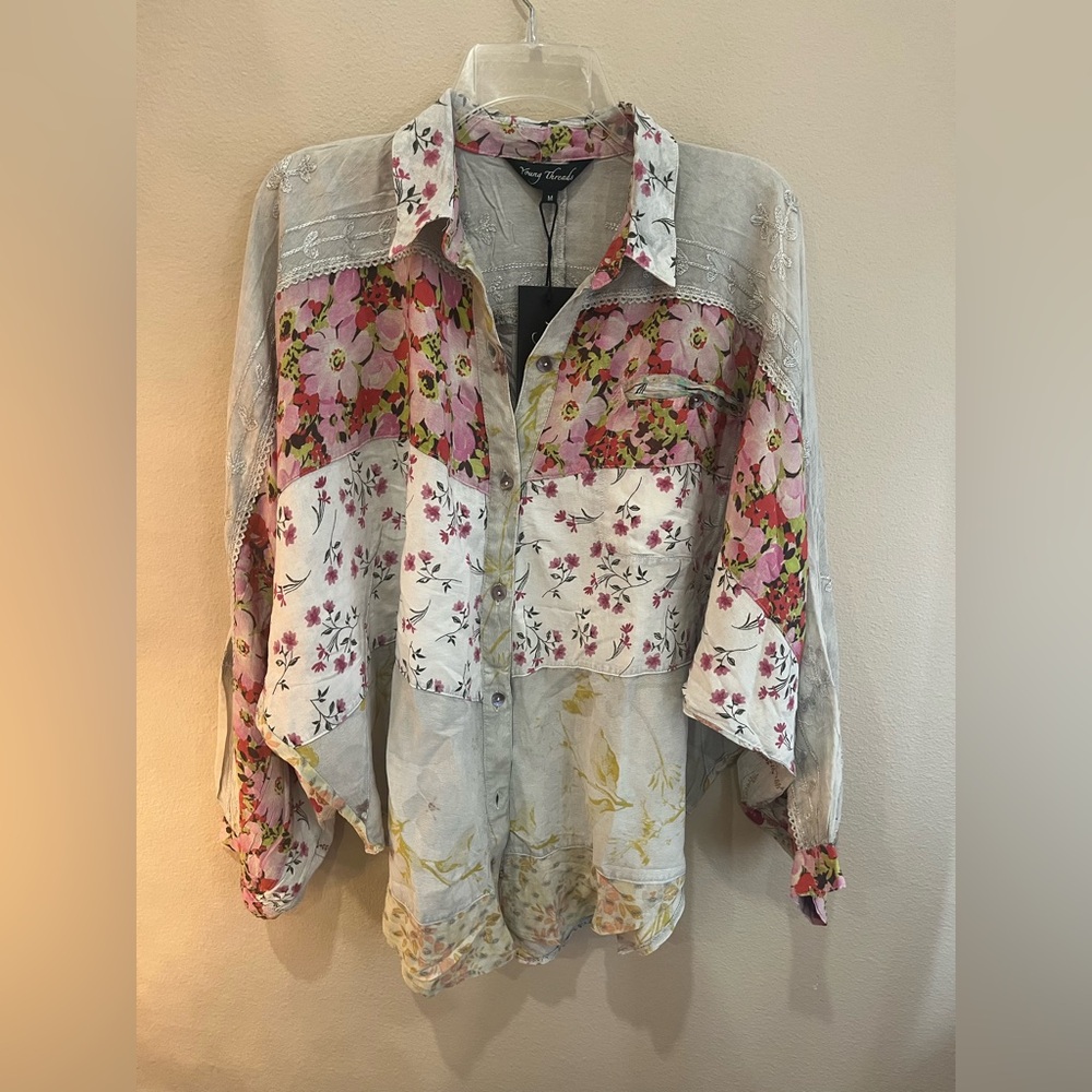 Floral Patchwork Button-Down Women's Top - Pink/W… - image 1